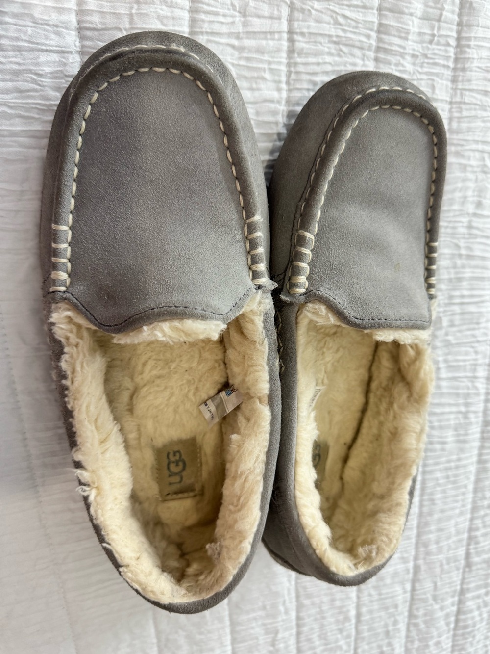 UGG Gray Suede Moccasin Slippers with Shearling Trim